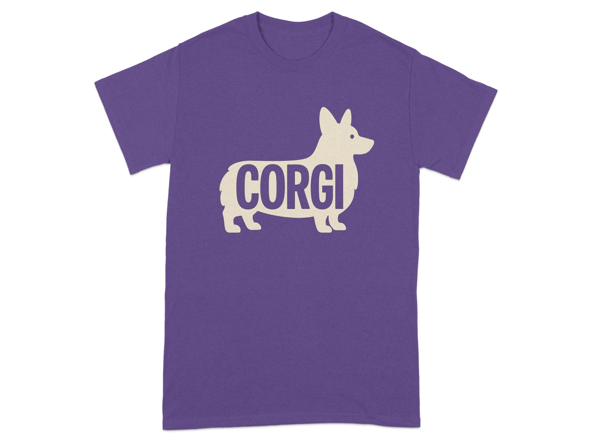 Purple t-shirt featuring a cream corgi silhouette with the word "CORGI" inside.