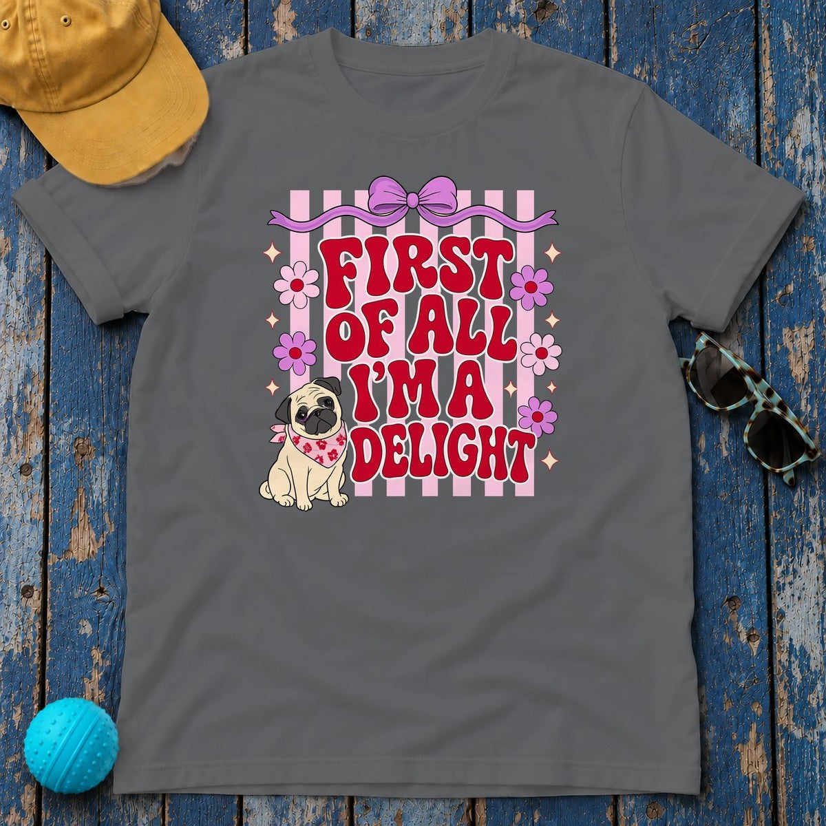 First Of All I'm A Delight Pug T-shirt in Graphite Heather