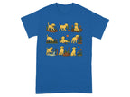 Illustration of yellow puppies gardening in 9 panels across a blue t-shirt.