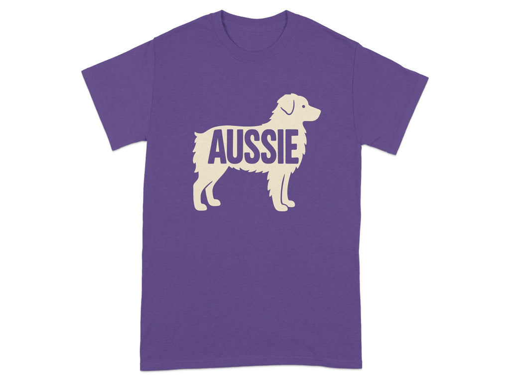 Purple t-shirt with a cream silhouette of a dog and the word "Aussie".