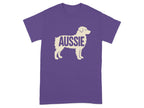 Purple t-shirt with a cream silhouette of a dog and the word "Aussie".