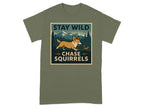 T-shirt graphic with corgi chasing squirrel and text "STAY WILD CHASE SQUIRRELS".