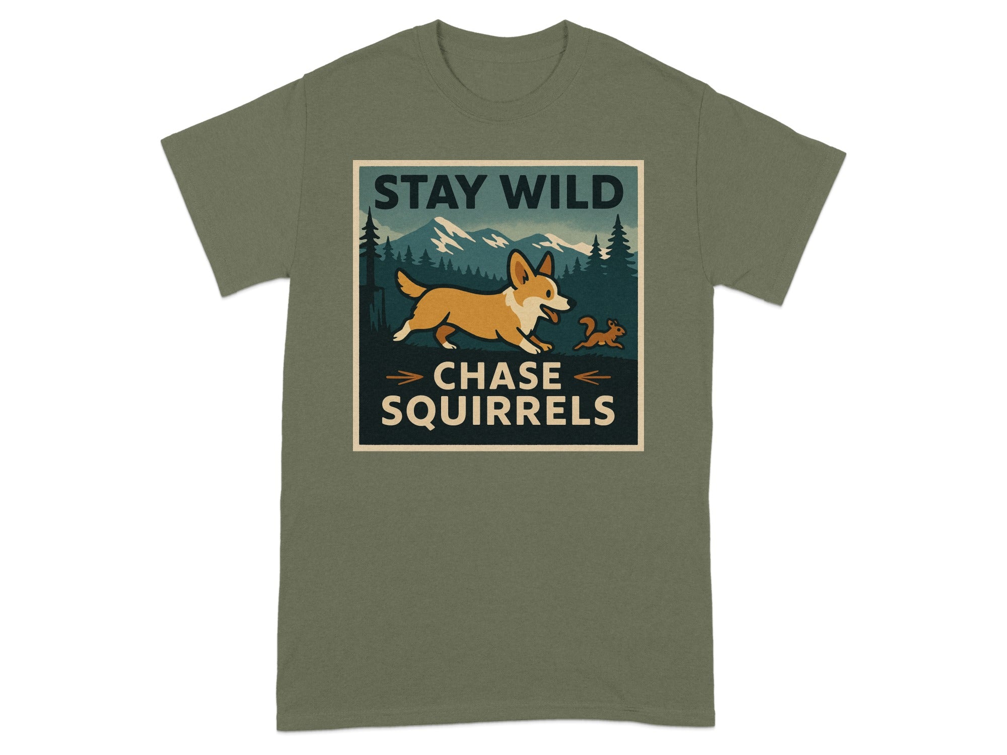 T-shirt graphic with corgi chasing squirrel and text "STAY WILD CHASE SQUIRRELS".