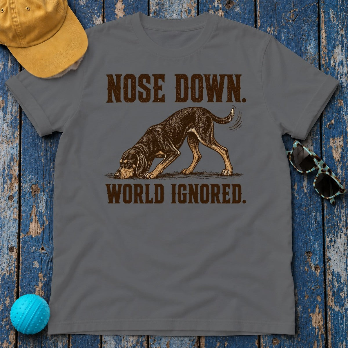 Nose Down. World Ignored. Coonhound T-shirt in Graphite Heather