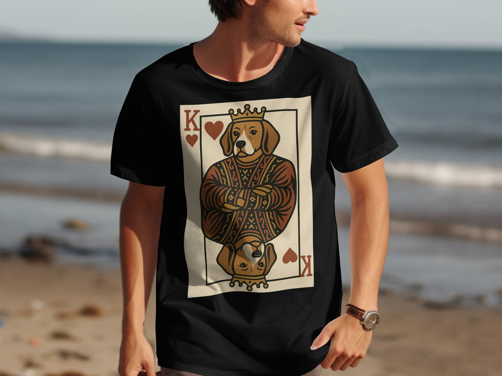 Black t-shirt featuring a King of Hearts playing card with a dog wearing a crown.