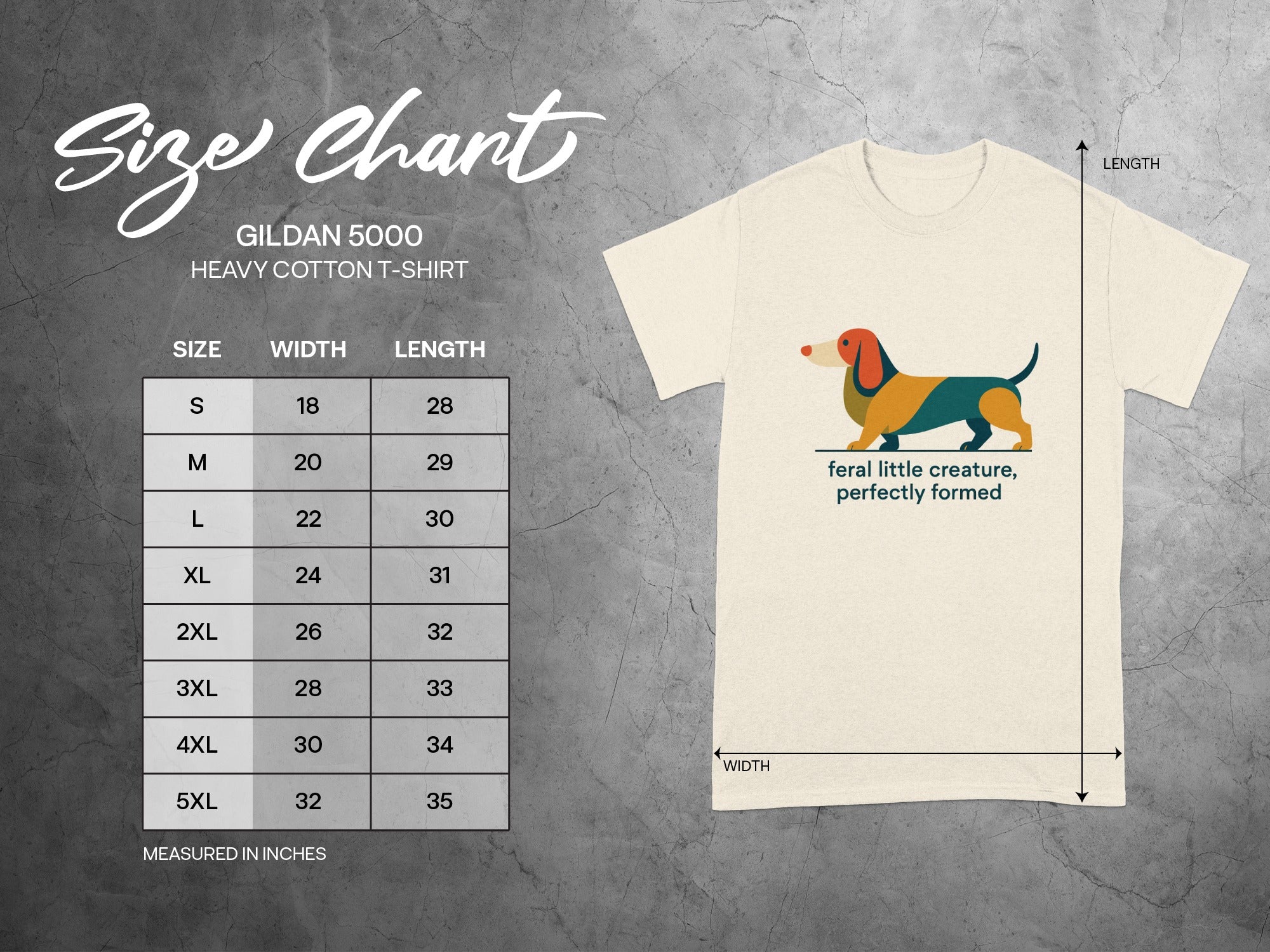 Gildan 5000 Heavy Cotton T-shirt size chart with dog graphic and text.