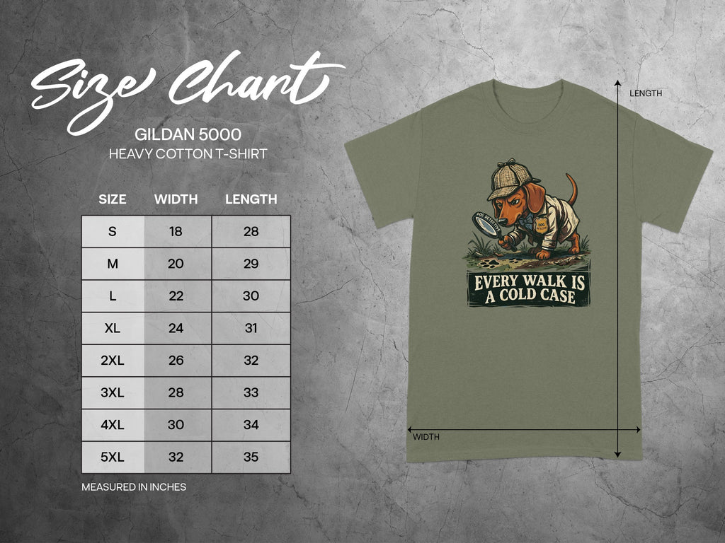 Gildan 5000 Heavy Cotton T-Shirt size chart with dog detective graphic.