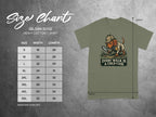 Gildan 5000 Heavy Cotton T-Shirt size chart with dog detective graphic.