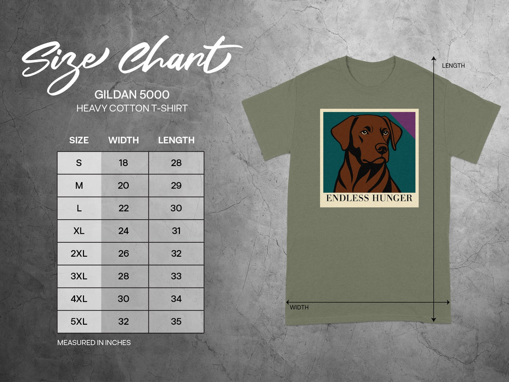 Gildan 5000 t-shirt size chart with dog graphic and text "ENDLESS HUNGER".