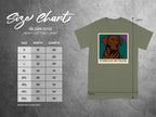 Gildan 5000 t-shirt size chart with dog graphic and text "ENDLESS HUNGER".