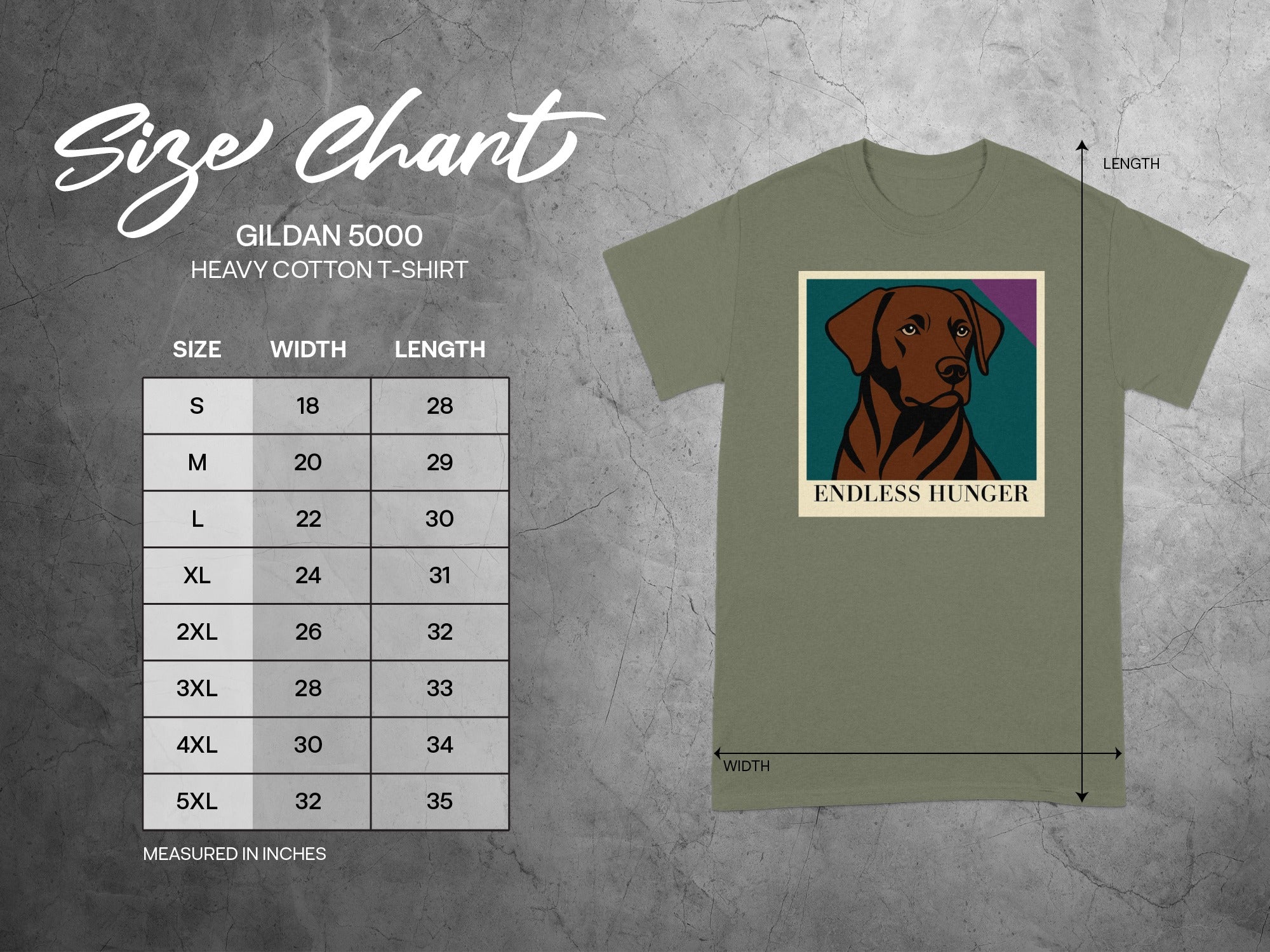 Gildan 5000 t-shirt size chart with dog graphic and text "ENDLESS HUNGER".