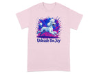 White poodle jumping with pink and blue paint splatters, text "Unleash the Joy".