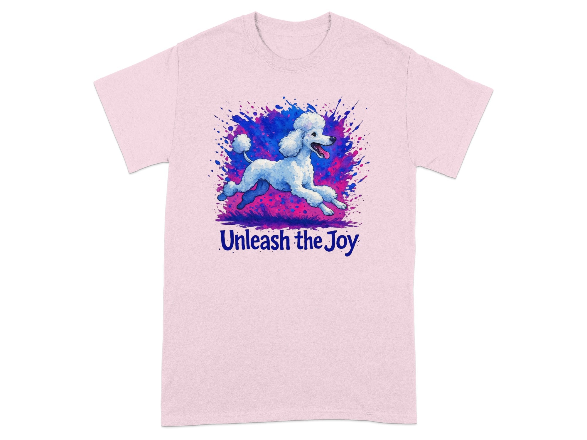 White poodle jumping with pink and blue paint splatters, text "Unleash the Joy".