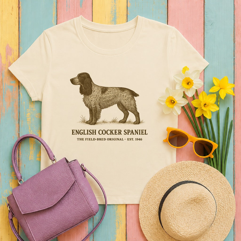 english cocker spaniel field-guide tee flat lay hero