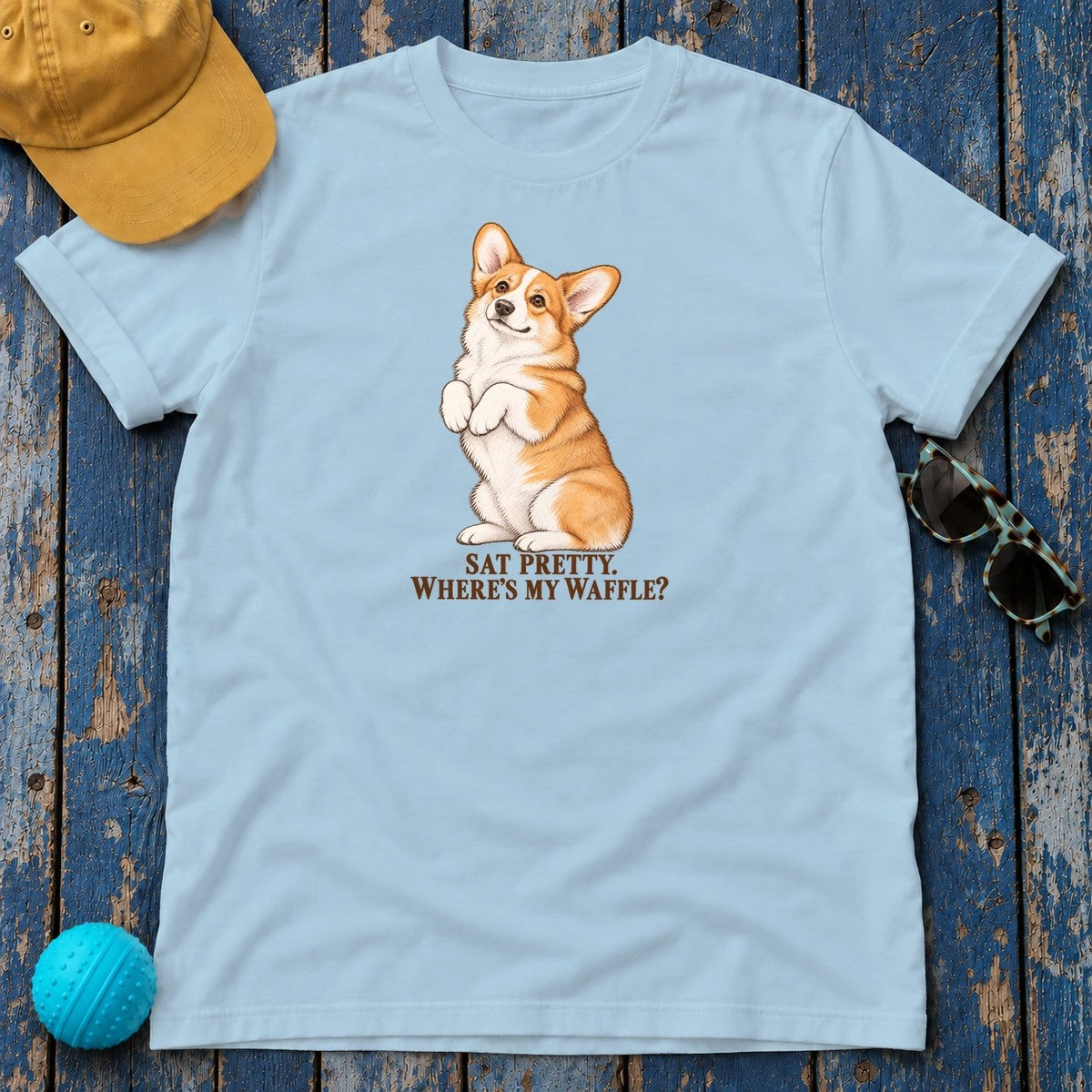 Sat Pretty Where's My Waffle Corgi T-Shirt in Light Blue - flat lay