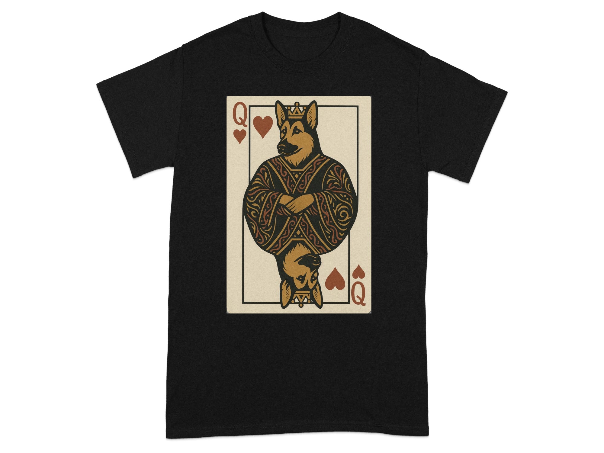 Black t-shirt with a Queen of Hearts-style playing card featuring a crowned German Shepherd.