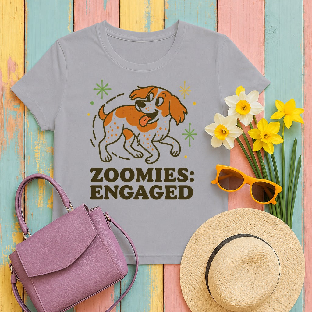 Brittany Spaniel Zoomies Engaged T-shirt in Athletic Heather