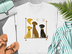 Three cartoon dogs of different breeds and colors sitting in a frame.