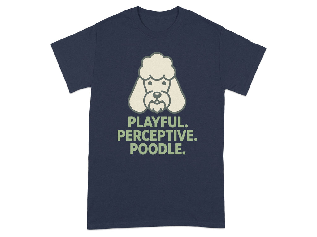 Navy t-shirt with a cartoon poodle and text "PLAYFUL. PERCEPTIVE. POODLE."