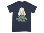 Navy t-shirt with a cartoon poodle and text "PLAYFUL. PERCEPTIVE. POODLE."