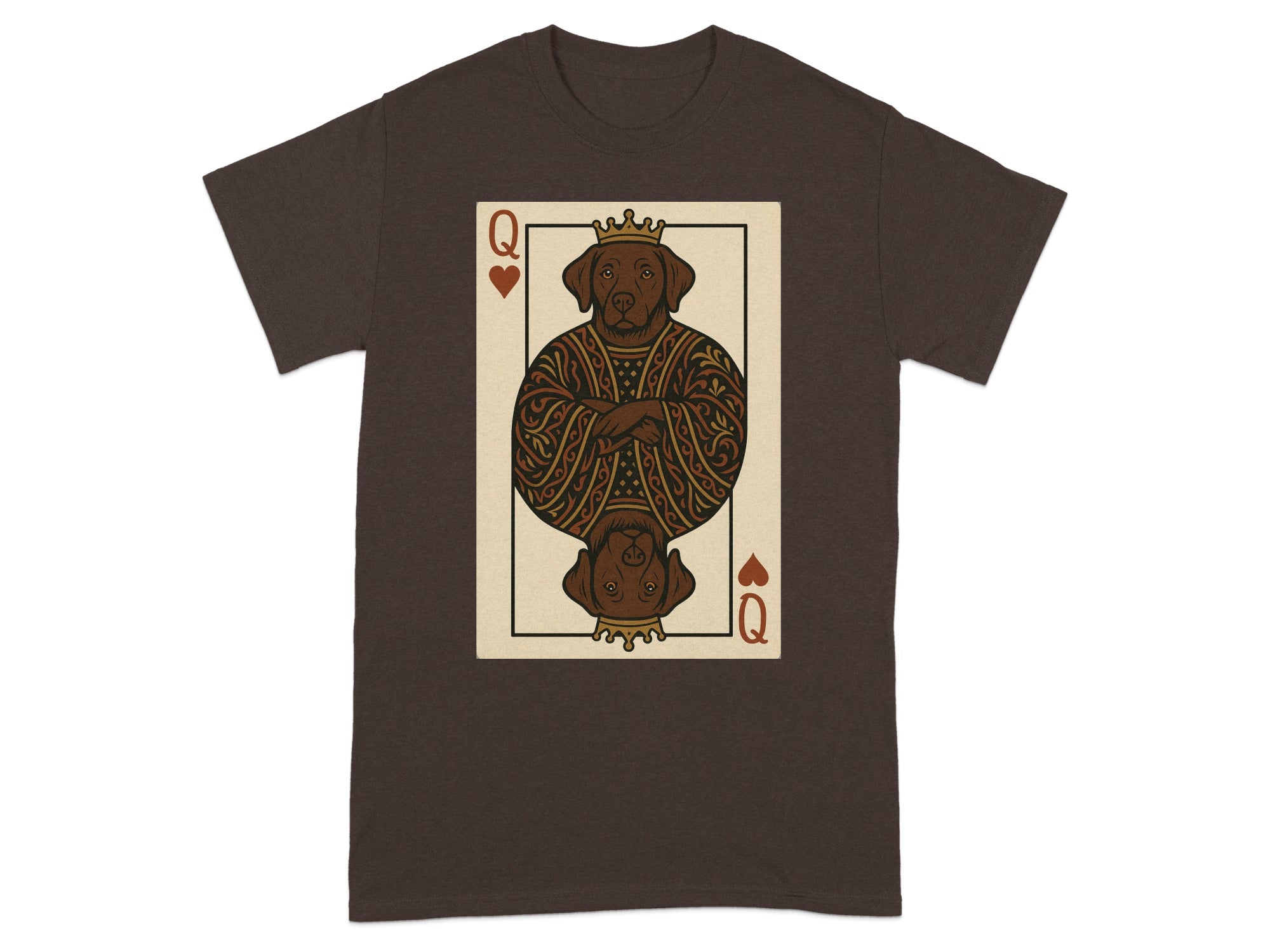 Brown t-shirt with Queen of Hearts playing card featuring a crowned dog.