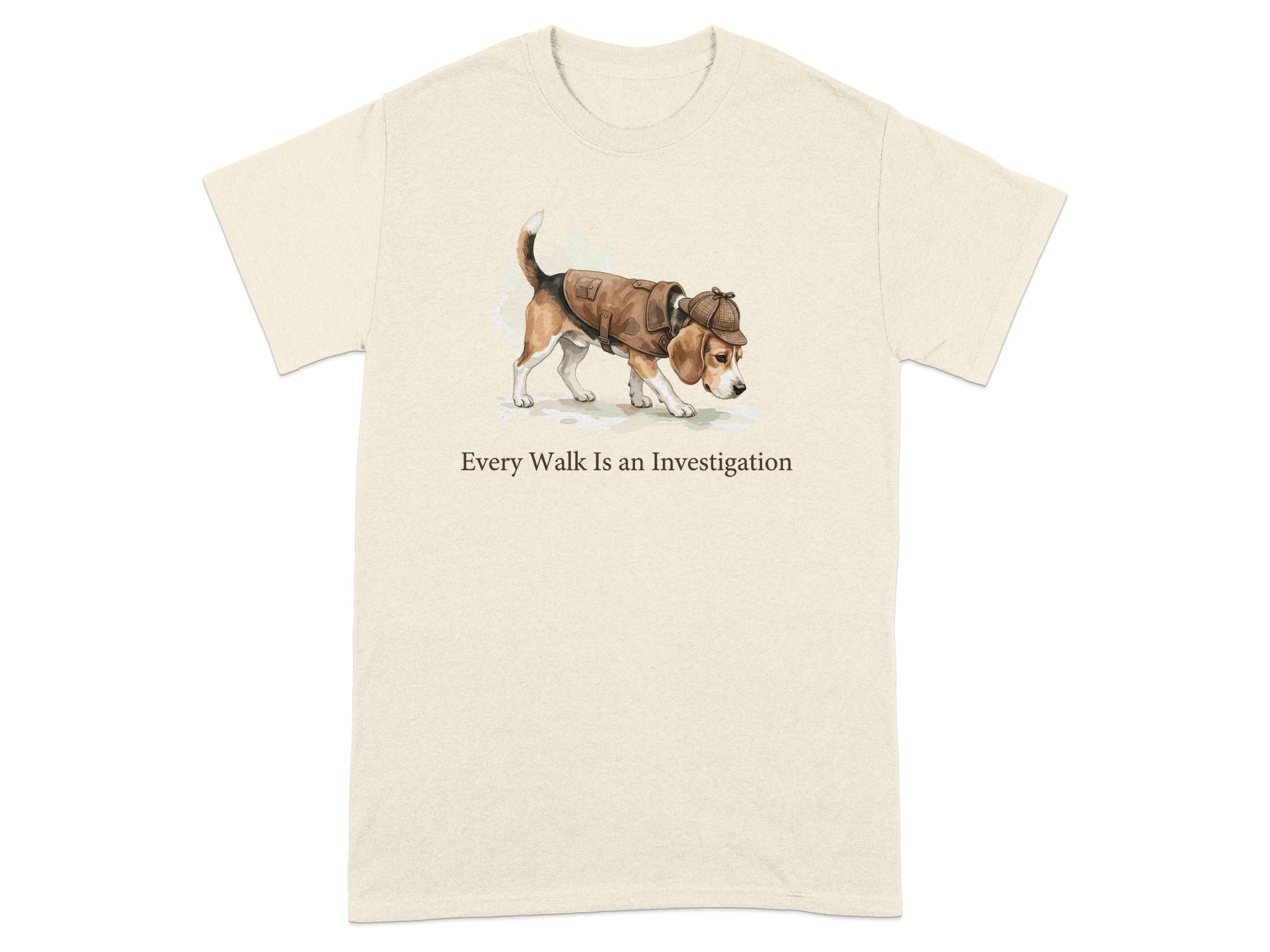 Beagle in a detective hat and coat on a t-shirt.