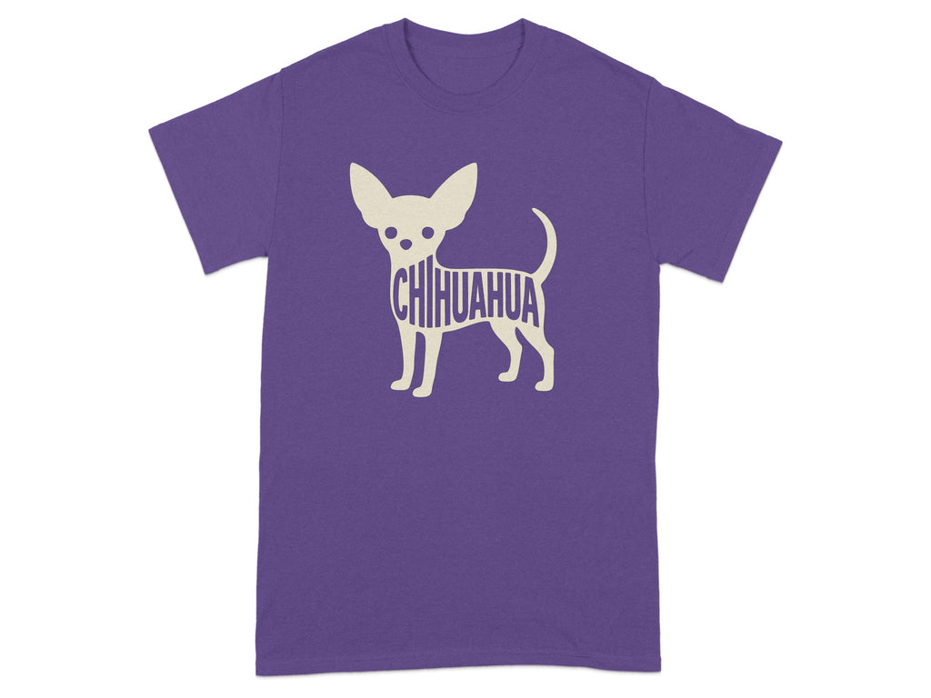 Purple t-shirt with a cream-colored chihuahua silhouette filled with the word "chihuahua".