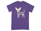Purple t-shirt with a cream-colored chihuahua silhouette filled with the word "chihuahua".