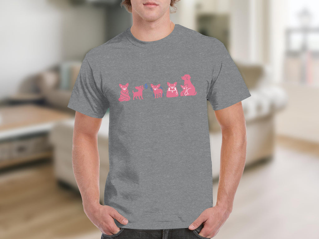 Pink dog illustrations in varying poses on a grey t-shirt.