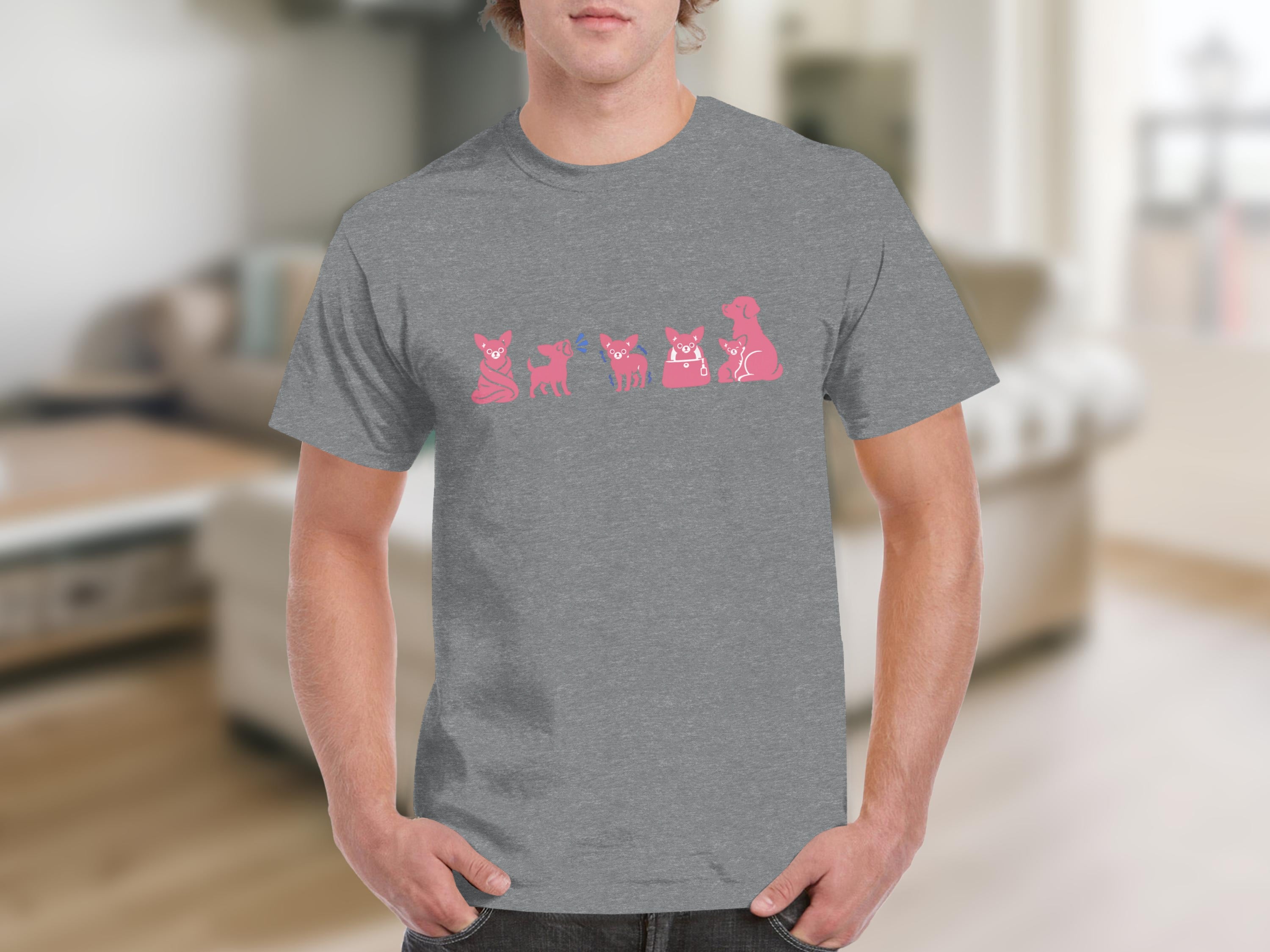 Pink dog illustrations in varying poses on a grey t-shirt.