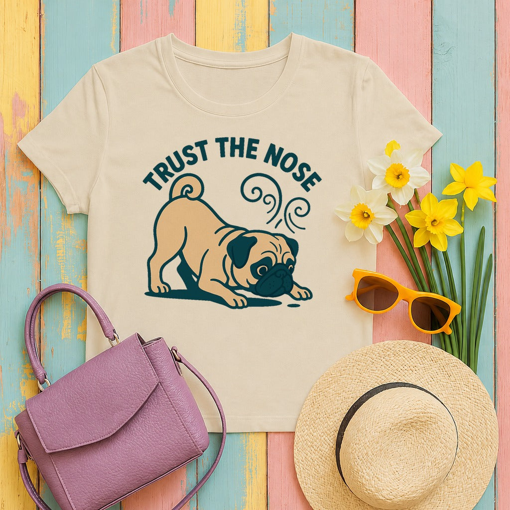 Trust The Nose Playful Pug T-Shirt in Sand