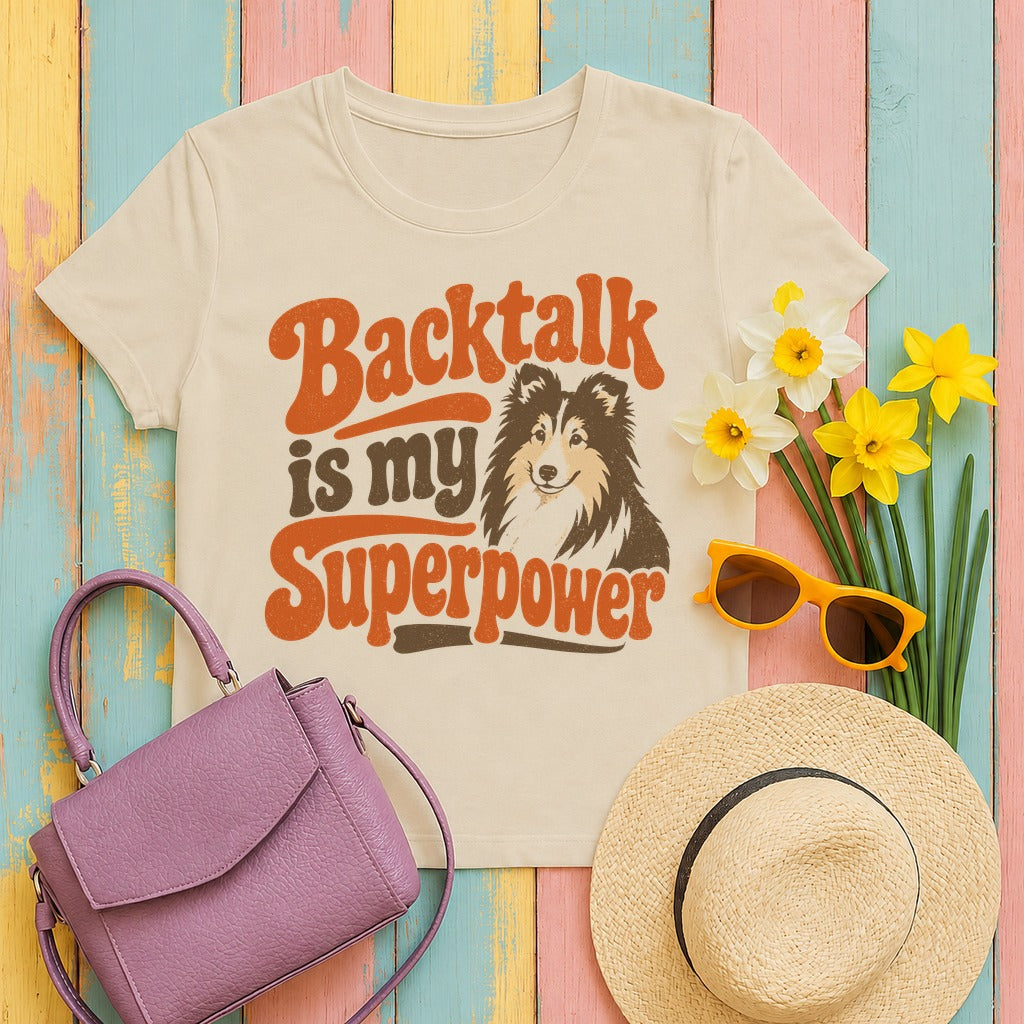 Retro Backtalk Superpower Sheltie T-Shirt in Sand
