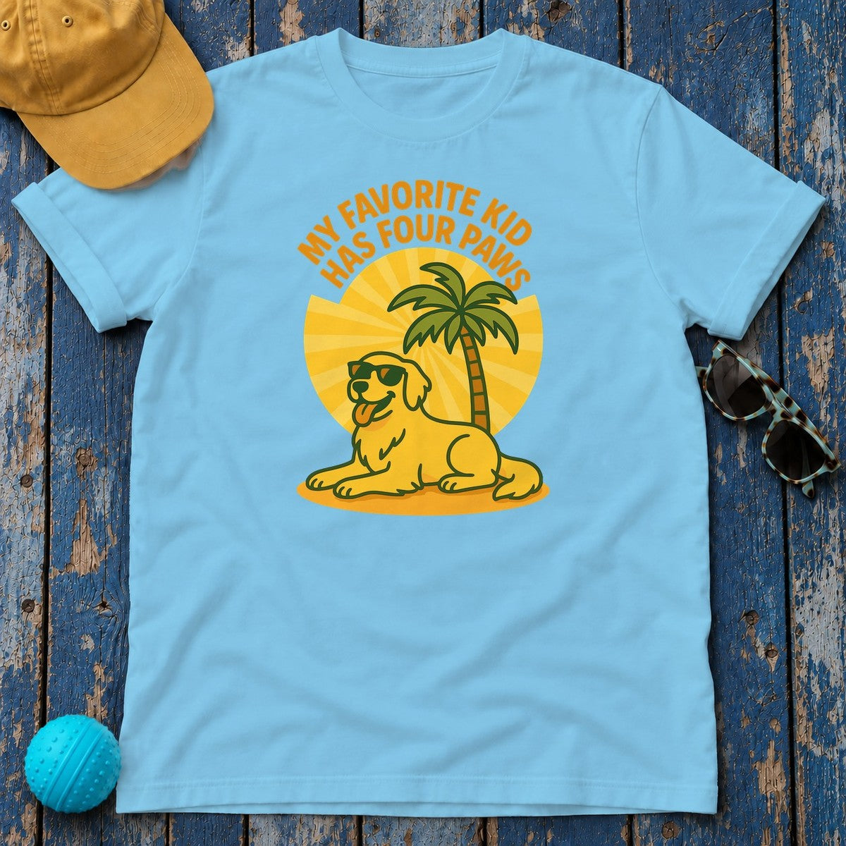 My Favorite Kid Has Four Paws With Golden Retriever T-Shirt in Sky