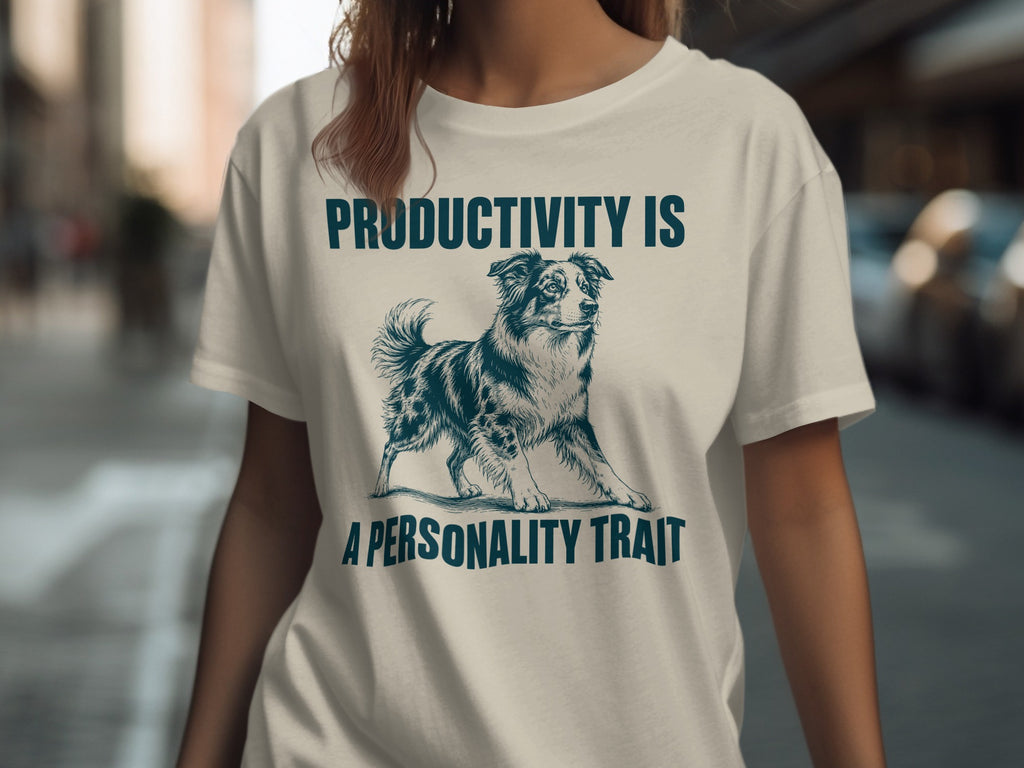 T-shirt with "PRODUCTIVITY IS A PERSONALITY TRAIT" and a dog illustration.