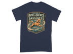 Navy t-shirt with a poodle jumping an agility course, text reads "Powered by Intelligence & Sassiness".