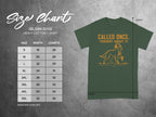 Gildan 5000 t-shirt size chart with graphic of dog and text "CALLED ONCE. THOUGHT ABOUT IT."