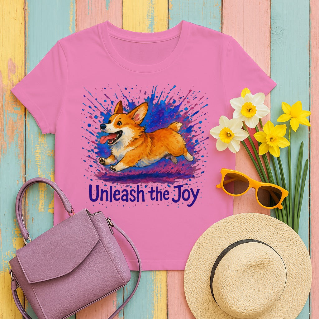 Unleash the Joy Playful Corgi Illustration T-Shirts in Azalea