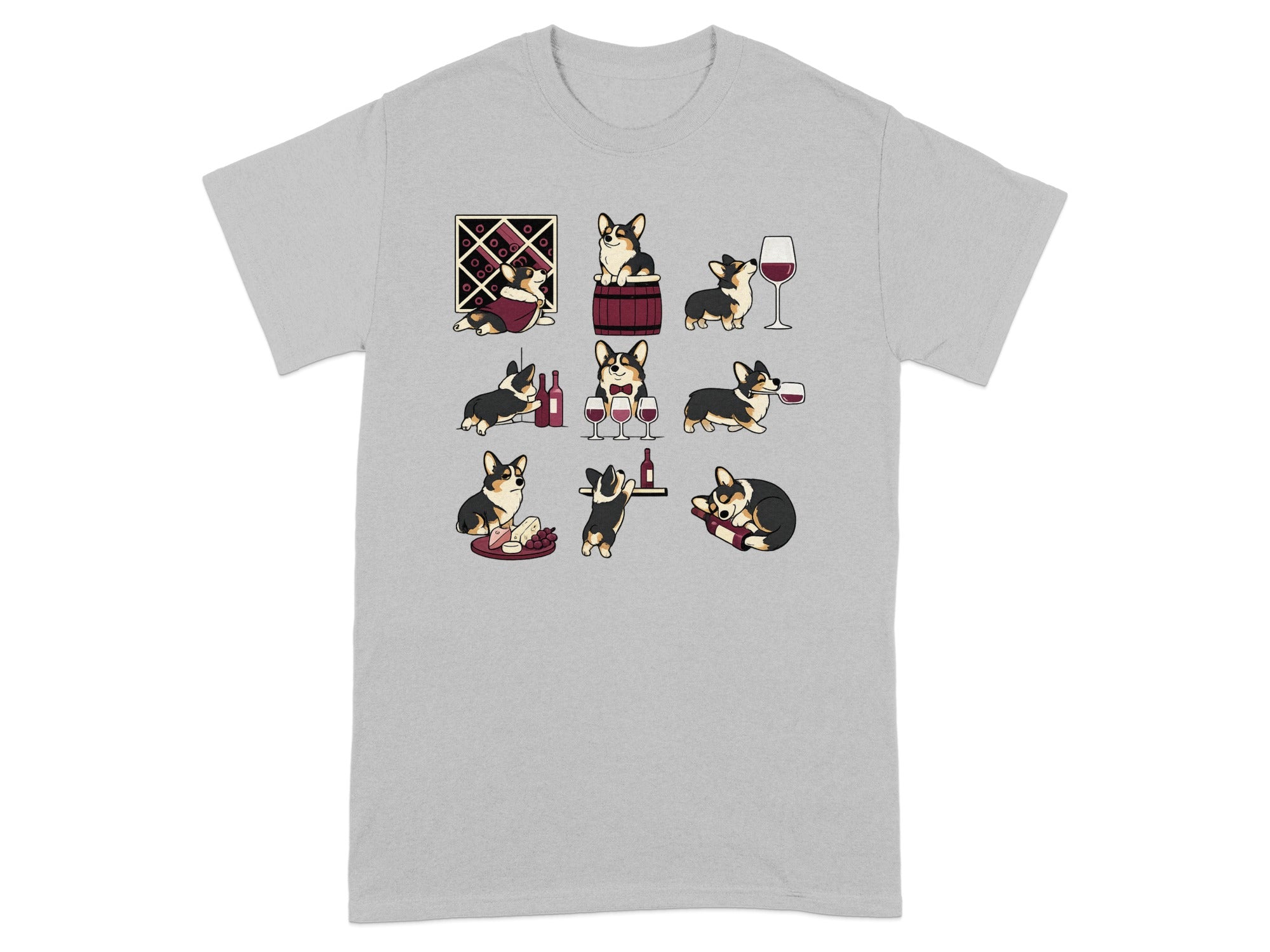 Corgis enjoying wine in various poses on a grey t-shirt.