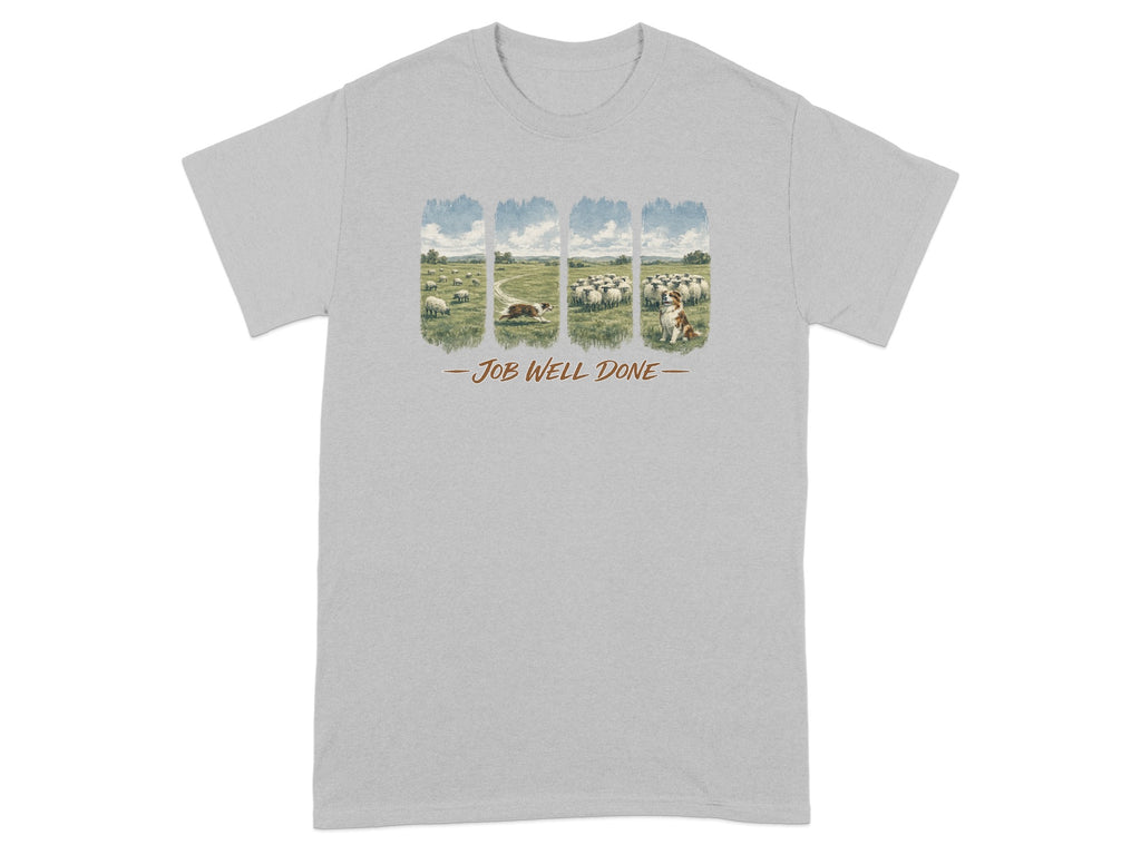 A dog herding sheep with text that reads "Job Well Done".