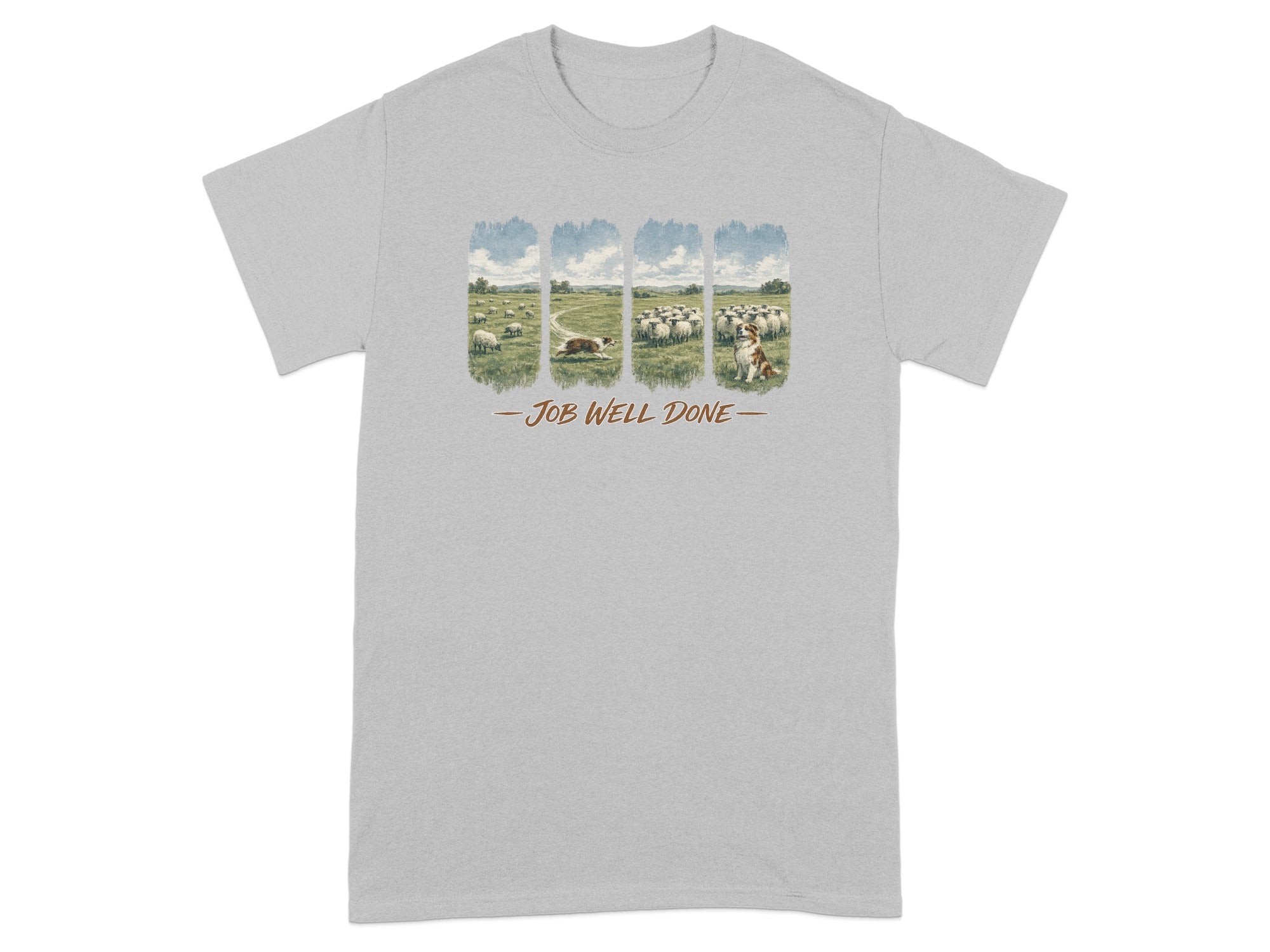 A dog herding sheep with text that reads "Job Well Done".