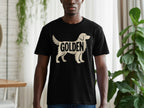 Black t-shirt with a cream-colored silhouette of a Golden Retriever and the word "GOLDEN".