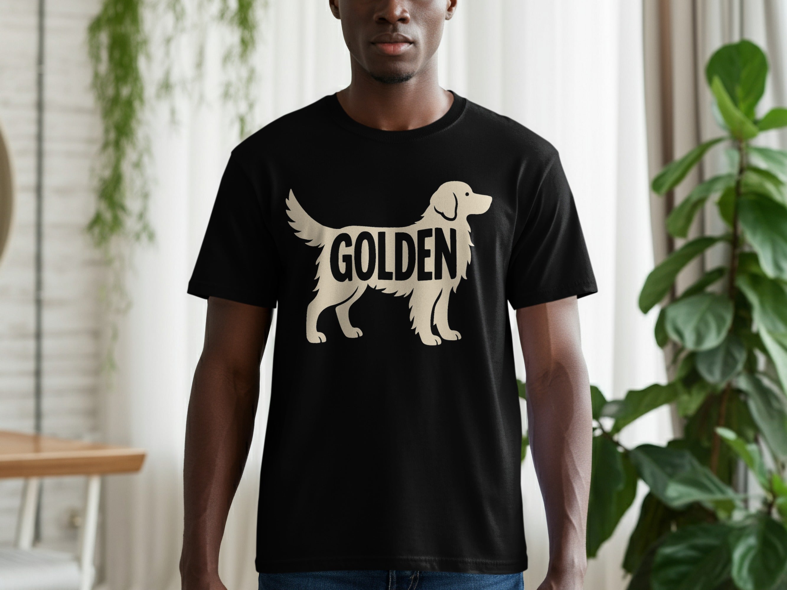 Black t-shirt with a cream-colored silhouette of a Golden Retriever and the word "GOLDEN".