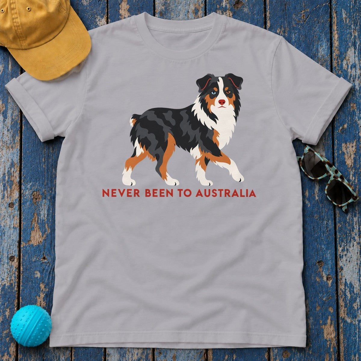 Never Been To Australia Australian Shepherd T-Shirt in Athletic Heather