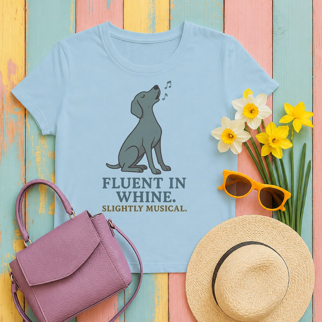 weimaraner fluent-whine tee flat lay hero