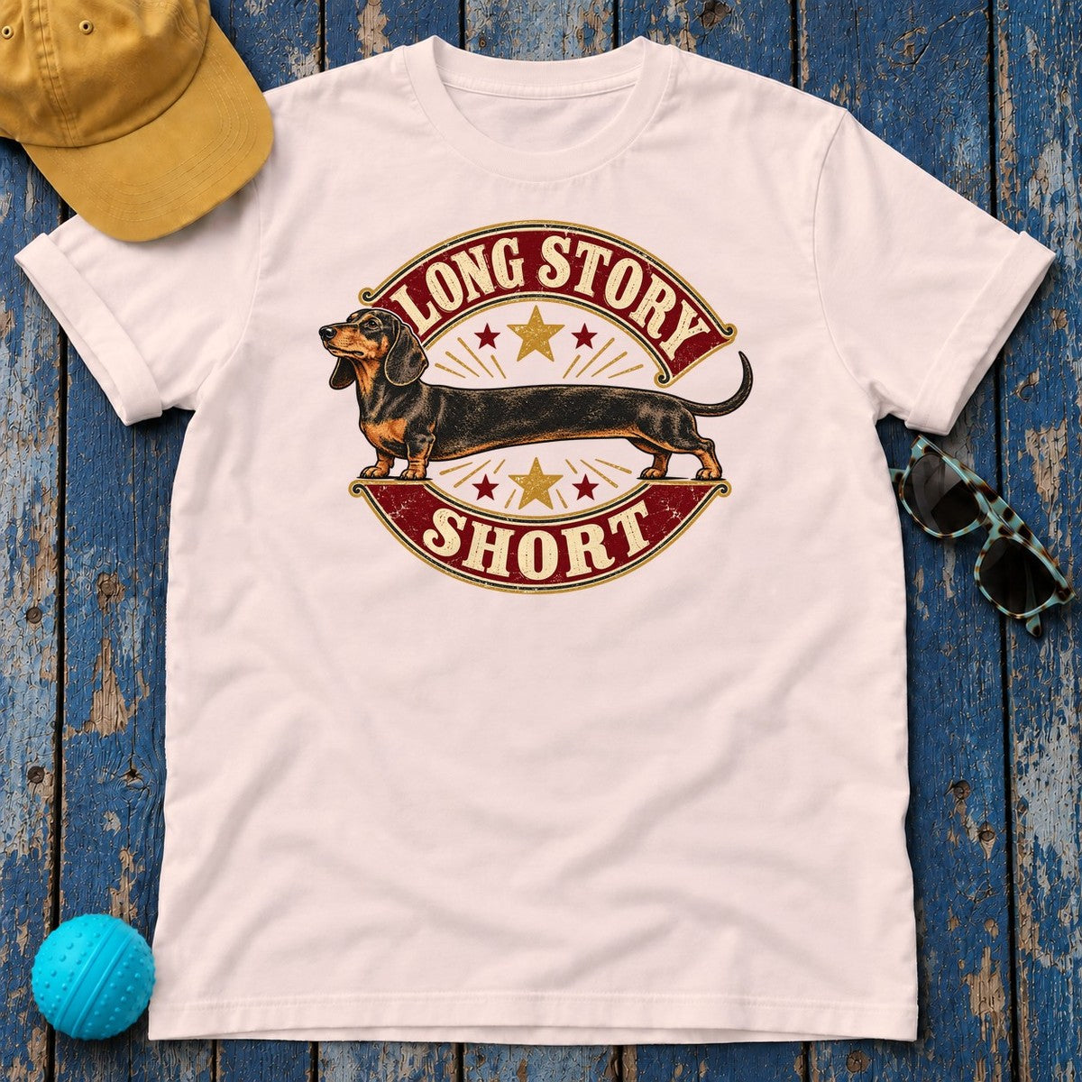 Long Story Short Dachshund T-Shirt in Soft Pink - flat lay