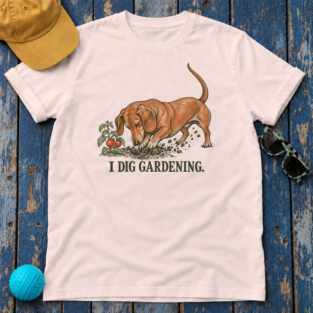 I Dig Gardening Dachshund T-Shirt in Soft Pink - flat lay