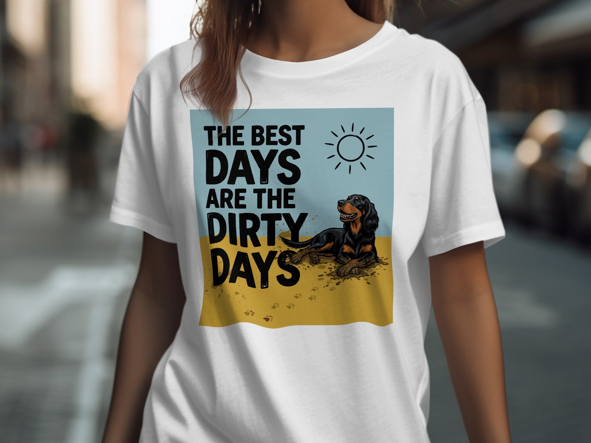 T-shirt with dog, sun, and text "THE BEST DAYS ARE THE DIRTY DAYS".
