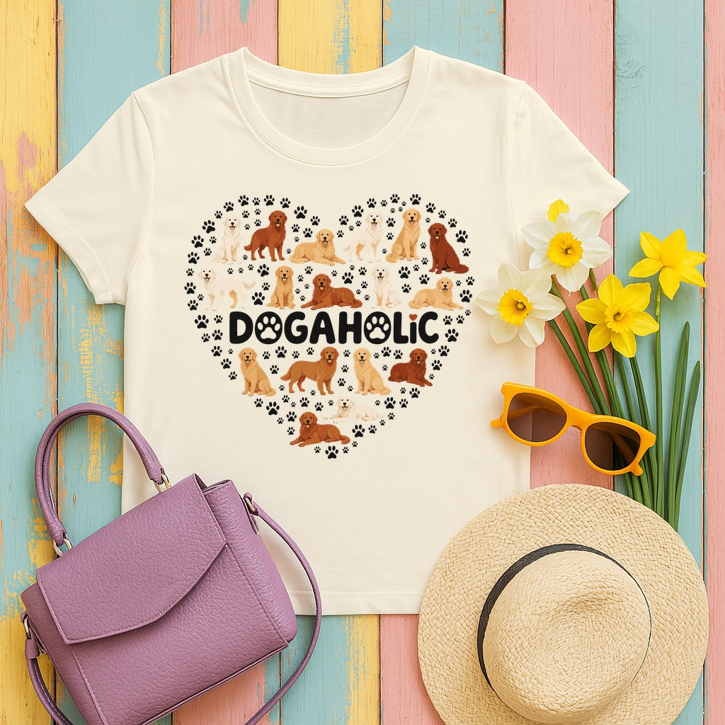 Golden Retriever Dogaholic Heart T-Shirt in Natural