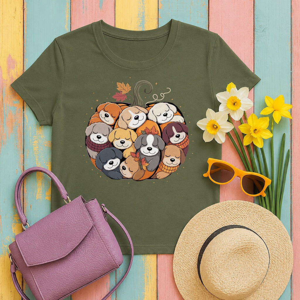 Dogs in Pumpkin Pile Autumn Festive Season Graphic T-Shirt in Military Green