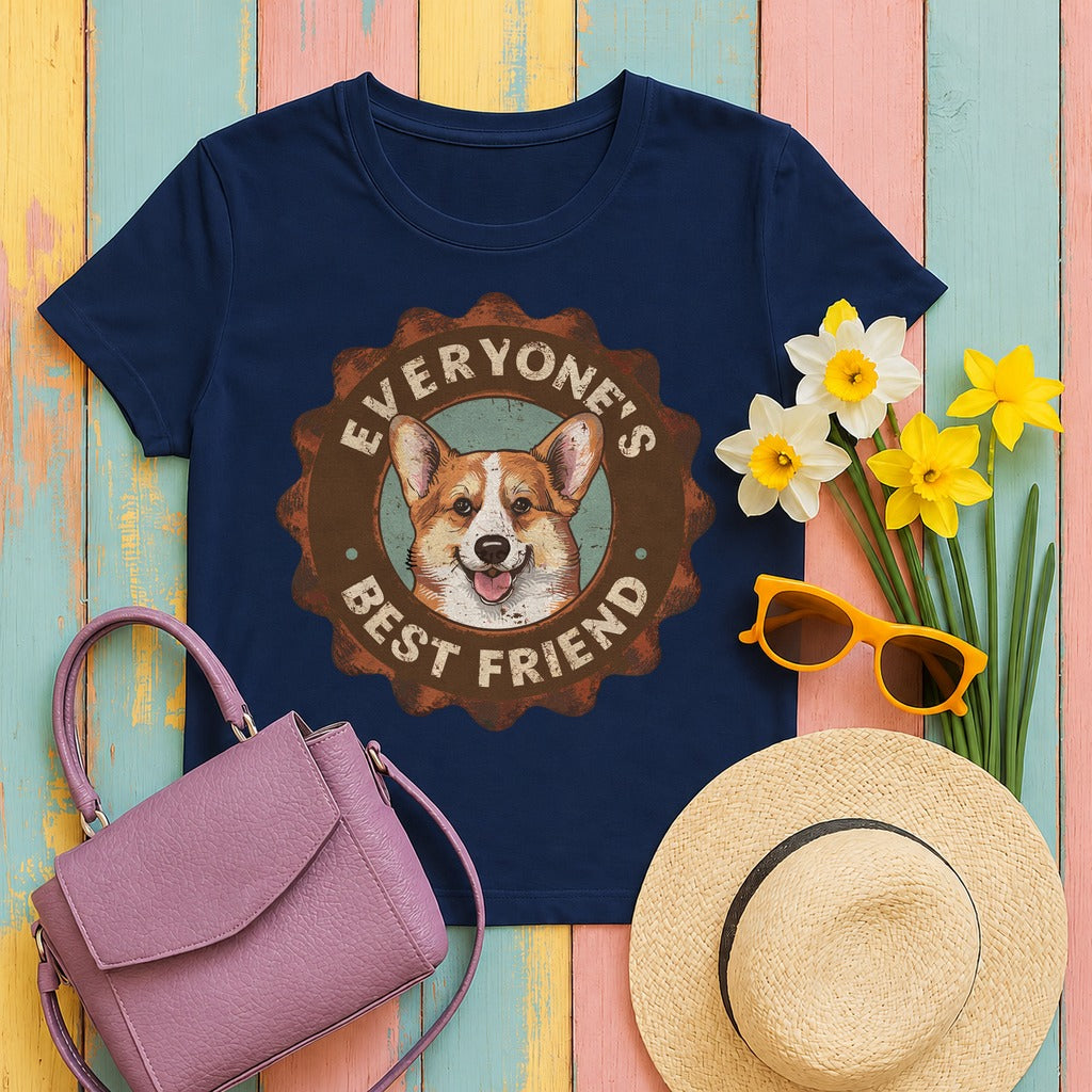 Everyone's Best Friend Corgi Dog With Sign Design T-Shirt in Navy
